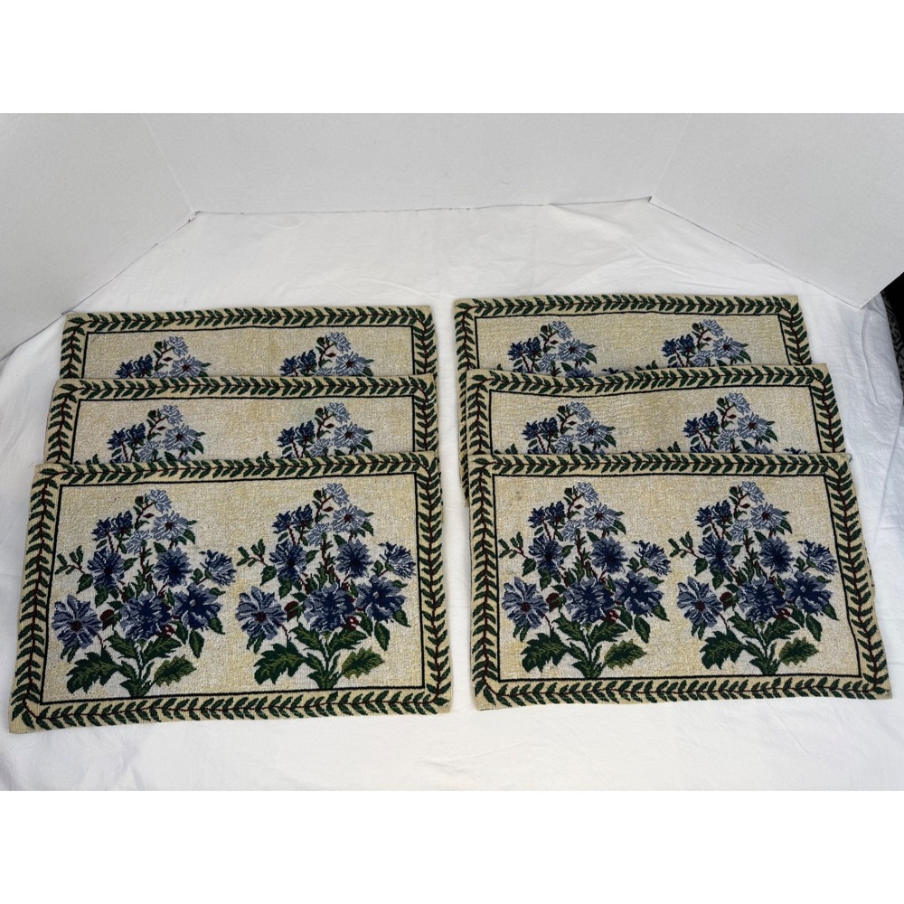Vintage Floral Woven Tapestry Placemats Set of 6 Blue Flowers Cottagecore Granny
